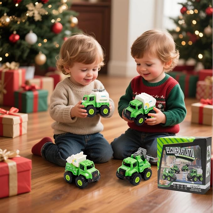 4 Pack Friction Powered Garbage Truck Toys, Push and Go Sanitation & Recycling Vehicle Set with Realistic Details, Eco-Friendly Trash Trucks for Toddlers 1-5, Gift for Boys Girls