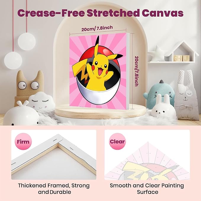 KOJEFCV 4 Pack Cartoon Paint by Numbers for Kids with Framed Canvas-with Wooden Easel, Paint by Number for Kids Ages 4-8-12, DIY Easy Acrylic Oil Painting Kits for Home Wall Decor (8X8inch)