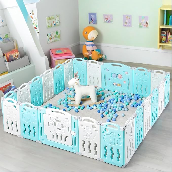 Albott 22 Panels Kids Safety Play Center Yard Baby Playpen Kids Activity Centre Indoor or Outdoor, Portable Play Yard with Gate for Babies, Infant, Toddlers Blue (20 Panels+1 Gate+ 1 Game Board)