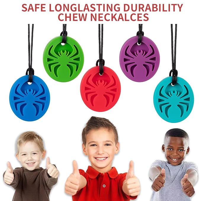 Spider Sensory Chew Necklaces, 5Pack Chewy Necklace Sensory Toys for Autistic Children, Designed for Chewing, Autism, Autism Sensory Teether Toy