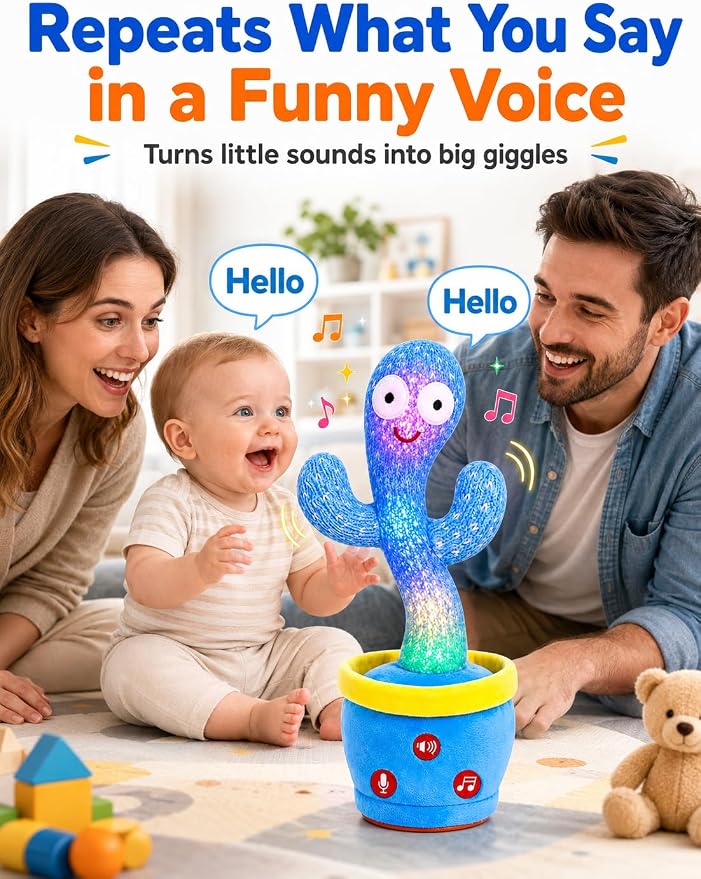 Rechargeable Dancing Talking Cactus Toy Adjustable Volume, Singing Mimicking Cactus Baby Toy, Safe Plush Eyes Baby Toys 18 month+, 1st Birthday Girl Gifts, 1 Year Old Girl Gifts (Rechargeable Blue)