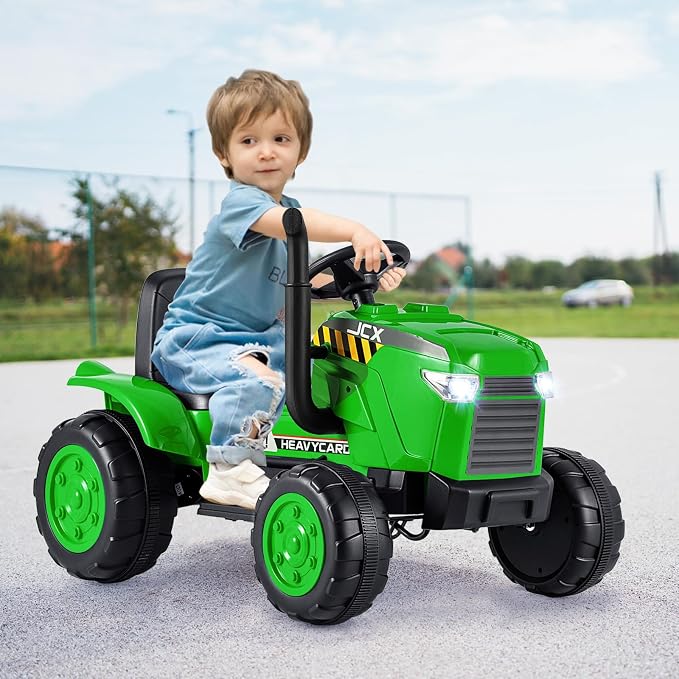 Costzon 2-in-1 Ride on Tractor, 12V Kids Ride on Car w/Detachable Trailer, Remote Control, Wireless Connection, Horn, Music/Lights/Spring Suspensions, Tractor Toys for Kids (Plastic Tires, Green)