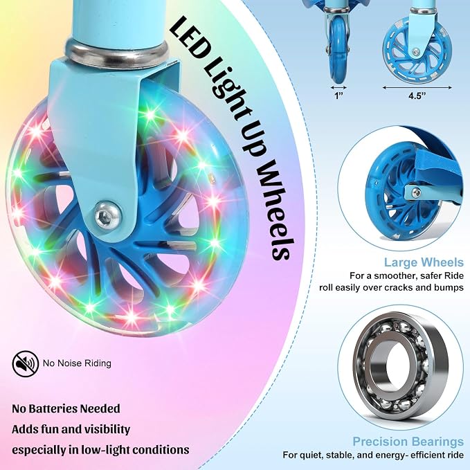 Kick Scooter for Kids 4-8, 2 Light Up Wheels, Heavy Duty Scooter with 3 Height Adjustable Handlebars, Rear Break, Widen Anti-Slip Deck, Max Load 110 Lbs for Boys Girls Ages 3+, 4.7Lbs