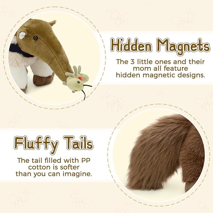 Muiteiur Magnetic Anteater Plush Toy for Toddlers - Interactive Stuffed Animal Feeding Game with 3 Ants, 17.7 Inch Wildlife Adventure Toy, Birthday Gift for 3+ Year Old Kids Bedroom Decor