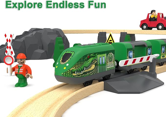 Dinosaur Train for Kids 3-5 – Battery Operated Bullet Train with Opening Doors & DIY Stickers, 3-Car Electric Railway Set Compatible with Thomas & Brio