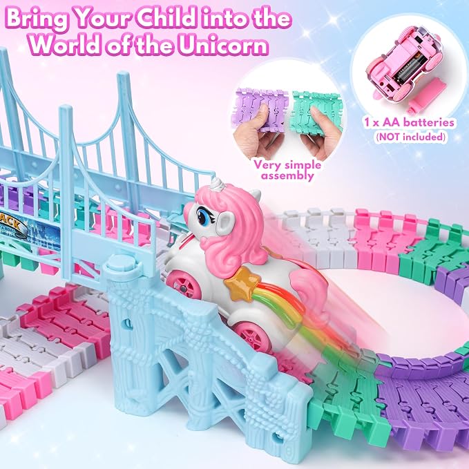 194PCS Unicorn Race Track for Kids Ages 4-8: Flexible Racetrack Toy Car Track Set with Unicorn & Shark Monster Trucks, Great Toys for 3 4 5 Year Old Girls Gifts, Toddler Girls Boys Age 3-6