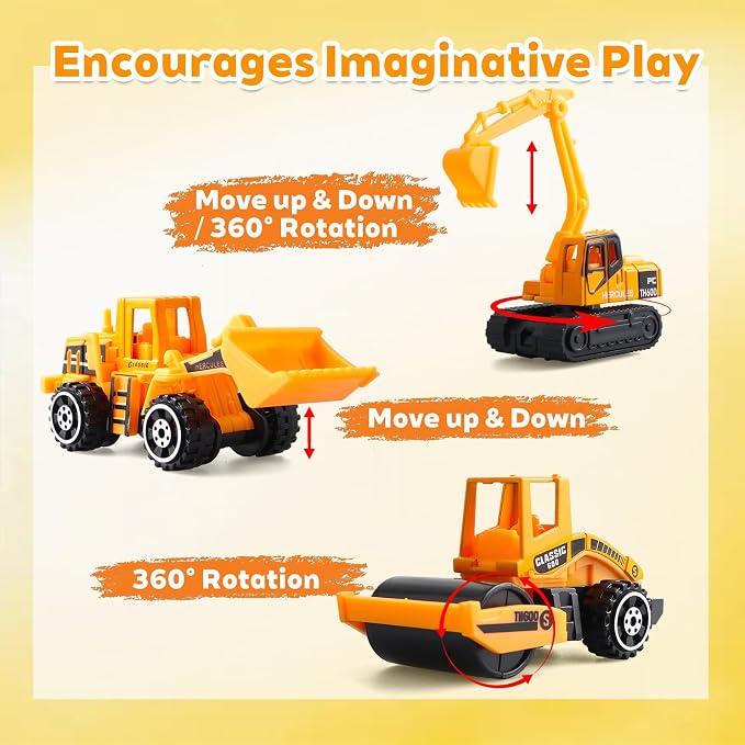 6 Pack Diecast Construction Vehicles Toys - Mini Digger Cake Toppers - Bulldozer Dump Truck Small Toy Car Set for Kids Children Boys Girls - Gifts for 3 4 5 6 7 Year Olds