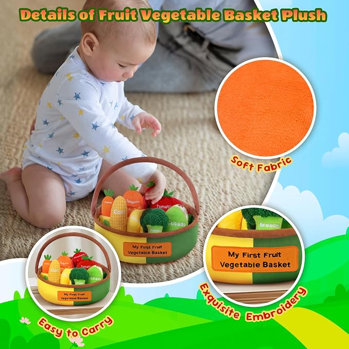 My First Fruit Vegetable Basket Plush, Baby Felt Play Food Set with 8 Pcs Fruit Vegetable Plushies for Toddlers, Montessori Sensory Toy First Learning Baby Birthday Easter Gifts for Boys Girls