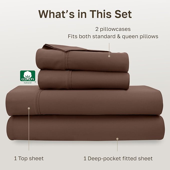 California Design Den Soft 100% Cotton Bed Sheets Queen Size Set, 400 Thread Count Good Housekeeping Award Winner, Silky Smooth Sateen, Deep Pocket Queen Bed Sheet Set - Espresso Chocolate Brown