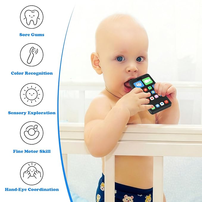 Baby Silicone Teething Toys, Phone Teether Toys for Infants 3-24 Months, Boys Girls Babies Teething Toy, Baby Chew Toy, Freezer BPA Free, 2Pack