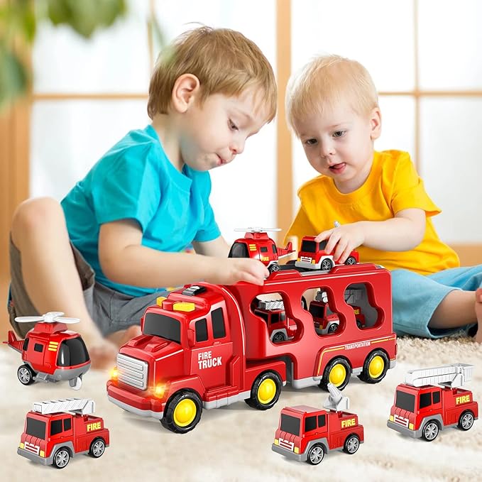 Bennol Fire Truck Toys for 1 2 3 4 5 Years Old Boys Toddlers, Cars Toys Gifts Fire Trucks with Ladder Fire Trucks & Helicopter, Toddler Car Toy Set for Kids Boys Girls