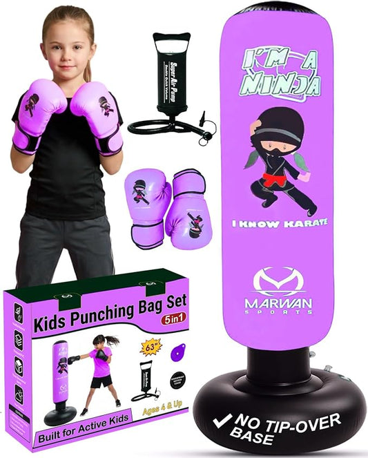 Marwan Sports Ninja Kids Punching Bag — Inflatable Sensory Toy & Birthday Gift for Boys & Girls Ages 4-12, 63" Freestanding 5-in-1 Kit, Indoor Apartment-Quiet Sensory-Friendly Active Play