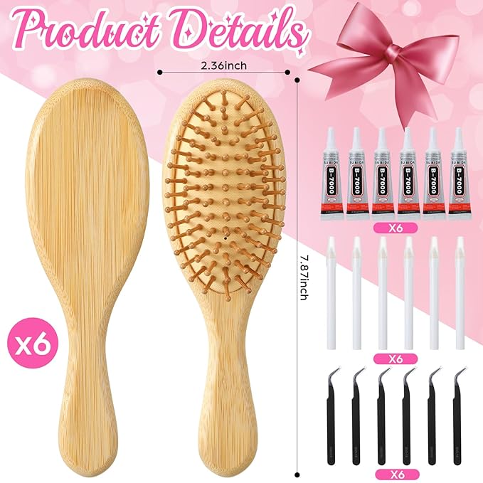 6 Sets DIY Wooden Hairbrush Craft Kit 7.87" White Hair brush Make Your Own Girls Night Party Supplies with Pearl Shell for DIY Gift Wedding Birthday Valentines Party Crafts (Oval)