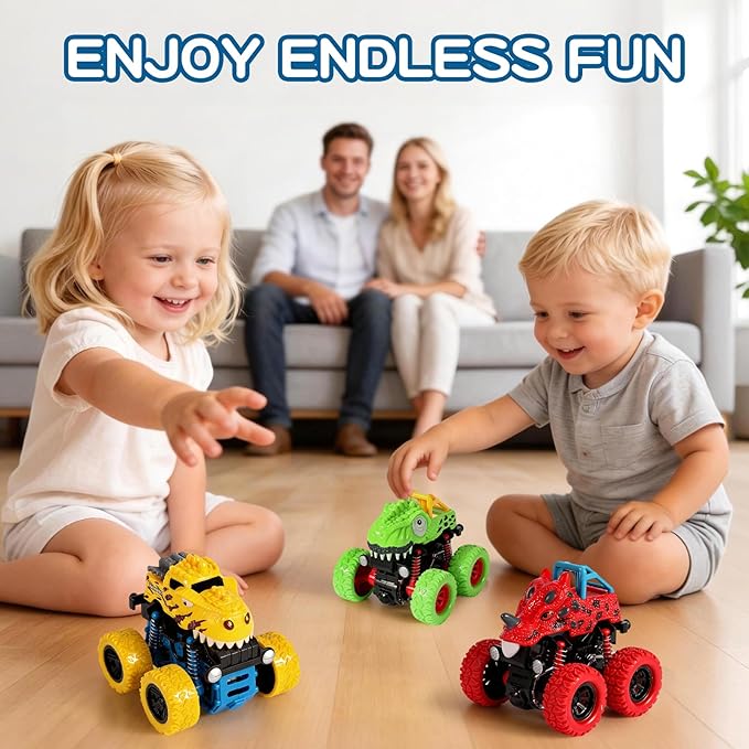 Dinosaur Toys for 2 3 4 5 Year Old Boys - 3 Pack Monster Truck Toys with Friction Power 360° Rotating Push and Go Cars for Toddlers Ages 2-4-6 - Boys Girls Birthday Gifts for Kids 3-5
