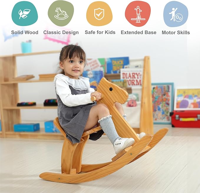 Wooden Rocking Horse Baby Ride On Toy for Toddler Rocking Horse Classic Design with Pedal and Safe backrest for Toddlers (Blue)