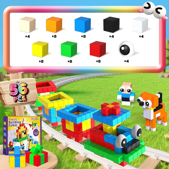 Goody King Large Magnetic Building Blocks with Toy Eyes, Montessori Sensory STEM Magnetic Cubes for Kids, 1''Travel Magnetic Blocks for Toddlers 3 4 5-8+ Year Old Boys Birthday Easter Girls(56PCS)