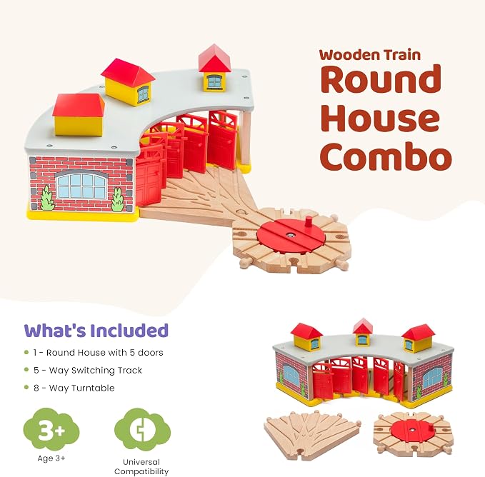 maxim enterprise, inc. Wooden Train Round House Combo with Rotating Turntable, Train Shed to House 5 Engines or Cars, Rotating Turntable Switching Track Compatible with Major Brand Railway Sets