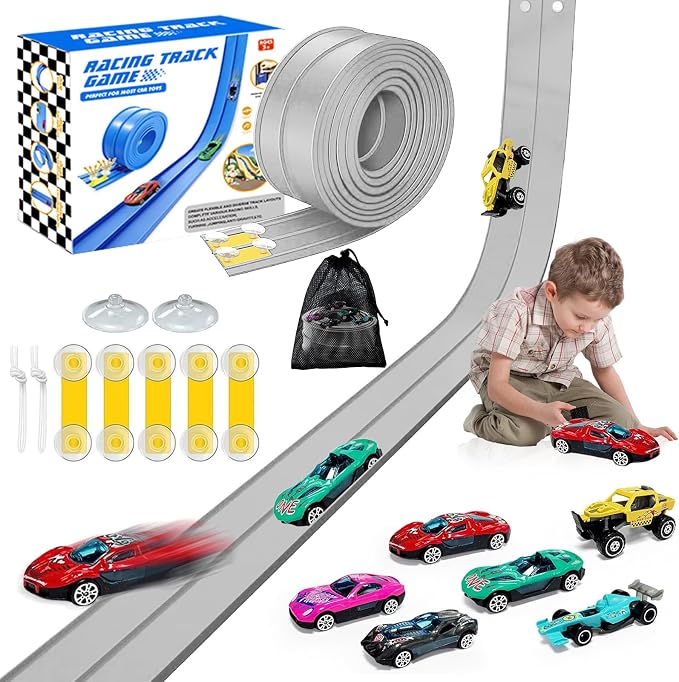 Flexible Race Track for Kids, 16 Ft Flex Race Car Ramp Track with Racing Cars Track Toys Compatible with Diecast 1/64th Hot Wheel Cars Rolls up Portable Car Ramp Toys for Boys and Girls Ages 3+ -