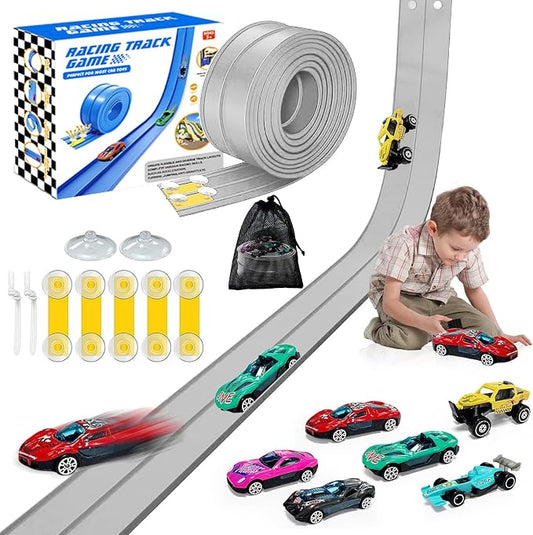 Flexible Race Track for Kids, 16 Ft Flex Race Car Ramp Track with Racing Cars Track Toys Compatible with Diecast 1/64th Hot Wheel Cars Rolls up Portable Car Ramp Toys for Boys and Girls Ages 3+ -