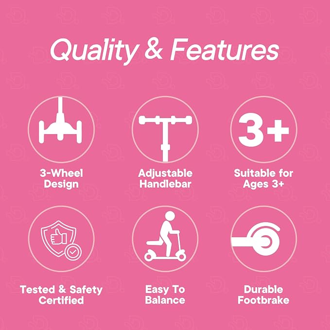 Dribbl 3-Wheel Kids Scooter - Lean-to-Steer Technology, Adjustable Height Handlebar, Wide Anti-Slip Deck, Scooter for Boys & Girls Ages 3+, Child Safety Approved, Support Riders Up to 165 lbs, Pink