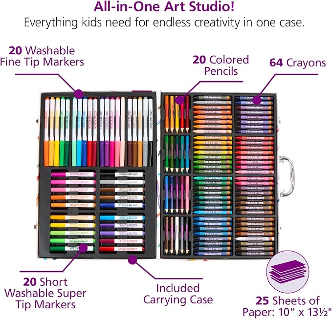 Colorations - Creative Artist Case - 150 pcs - Markers, Crayons, Colored Pencils, Paper, Art Set for Kids, Coloring Kit, Washable