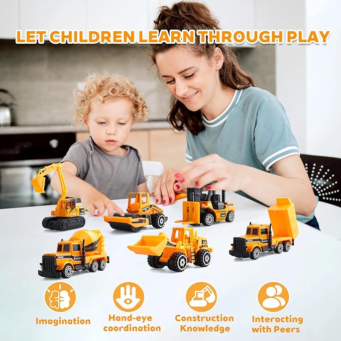 6 Pack Diecast Construction Vehicles Toys - Mini Digger Cake Toppers - Bulldozer Dump Truck Small Toy Car Set for Kids Children Boys Girls - Gifts for 3 4 5 6 7 Year Olds