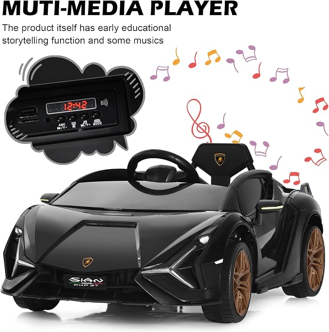 INFANS 12V Licensed Lamborghini Sian Kids Ride On Car with Parent Remote Control, Spring Suspension, MP3 Player, Electric Toy Roadster Carbon Fiber Textured for Toddler (Black Golden)