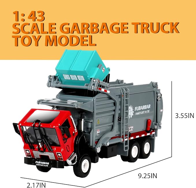 FUBARBAR Truck Toy Model – 1:43 Diecast Metal Garbage Recycling Waste Transport Truck with Trash Bin, Pull Back Model Car Toy for Kids 4-6 Age Boys Birthday Gift (Grey)
