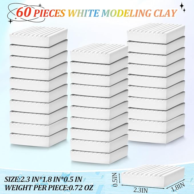 Syhood 60 Pcs 6.6lbs White Reusable and Non Drying Modeling Clay Bulk Plastilina Modeling Clay Gift Set for DIY Sculpting Classroom Arts and Crafts Projects Play