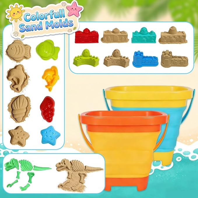 Foldable Beach Bucket and Shovel Set for Kids, 20PCS Sand Toys with Sand Molds (Castle, Dinosaur, Sea Animal) & Mesh Bag, Toddler Collapsible Outdoor Sand Toys for Beach, Sandbox, Pool, Summer Gift