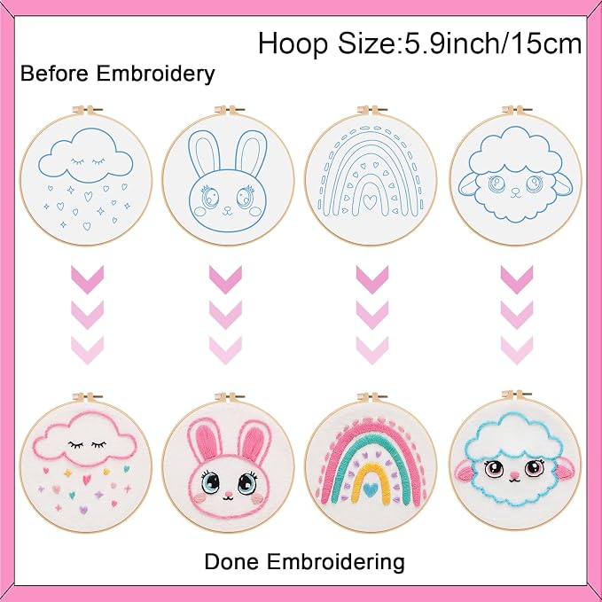 Louise Maelys Embroidery Kit for Beginners, 12 Packs Pre-Printed DIY Sewing Craft Kit,Kids Girls Cross Stitch Kit with Hoop, Threads, Needles and Scissors, Cute Animal & Cartoon Patterns
