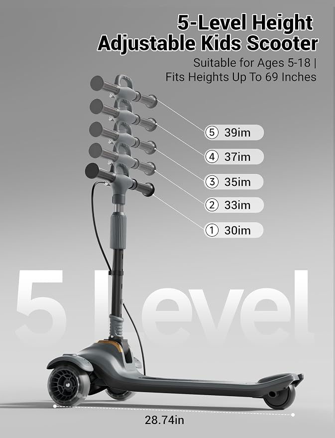 Large Kids Scooter, Toddler Scooter for Kids 3-18 & Adults, Safe Dual Brakes (Foot Brake/Hand Brake) & Music with Lights, 5-Level Adjustable & One-Click Folding Kick Scooter.