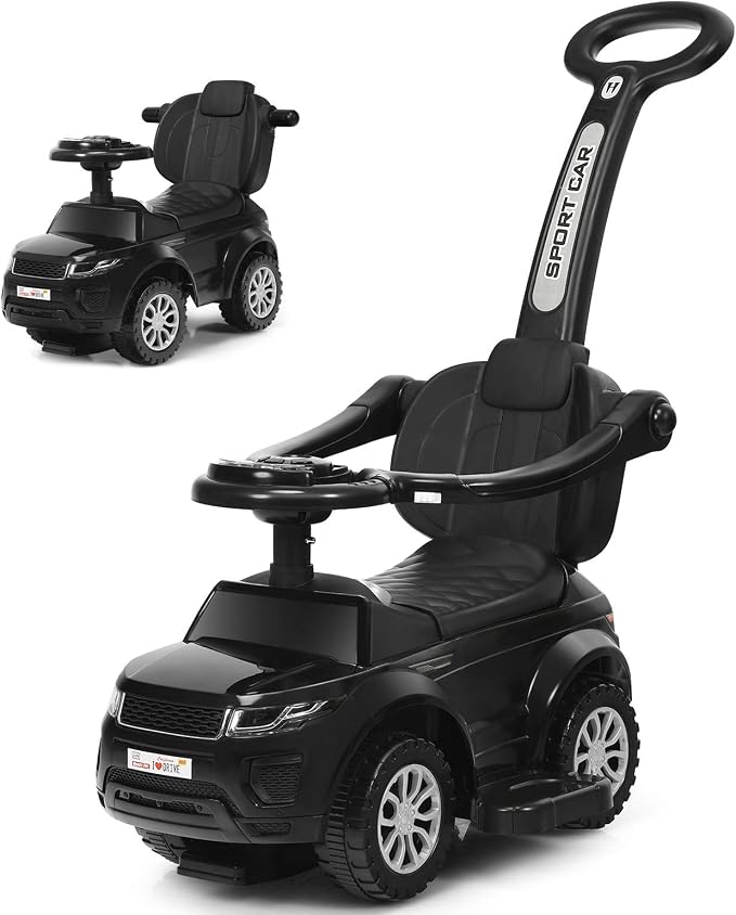Costzon 3 in 1 Ride on Push Car, Stroller Sliding Walking Car with Horn, Music, Light, Under Seat Storage, Parental Handle, Armrest Guardrails, Ride on Toy for Boys & Girls (Black)