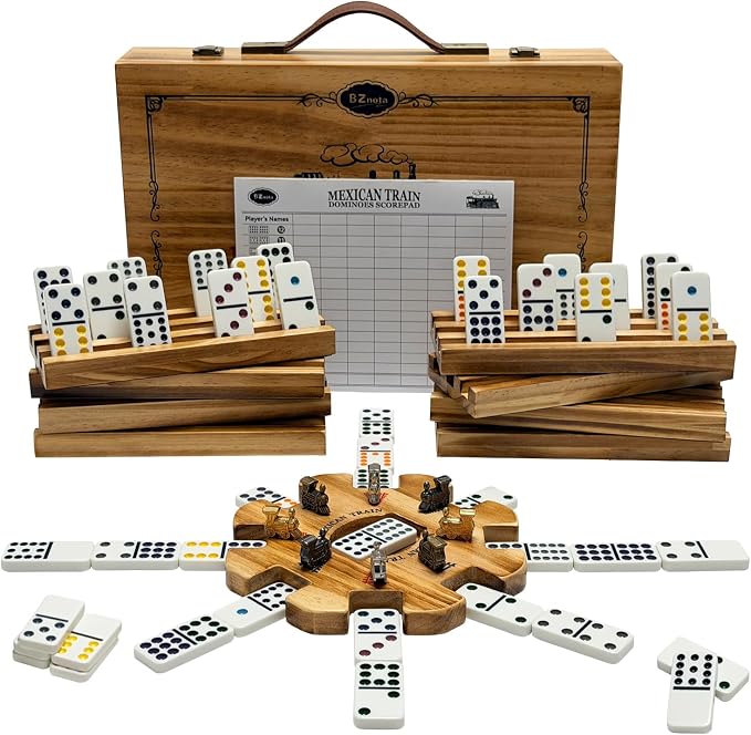 Mexican Train Dominoes Set with 8 Charcoal-burned Wooden Holders & Hub, Double 12 Dominos Set Colored Dot 91 Tiles in Vintage Wooden Case, Travel Dominos Set Metal Trains for Adults Family Game