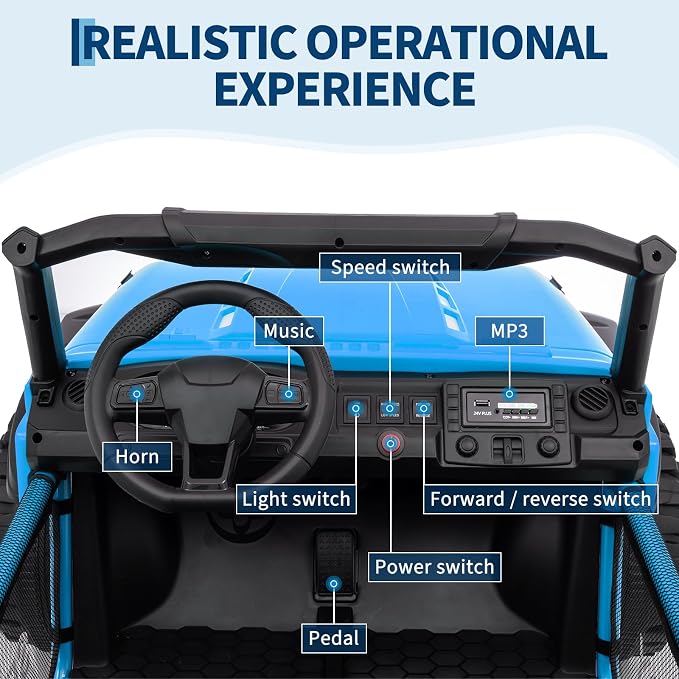 2 Seater Ride on Car for Kids, 24V Ride on Toy, Fast 4.97MPH Truck, 4WD Kids Electric Vehicles with Remote Control, Spring Suspension, Front & Behind LED Lights, Dual Storage, 3 Speeds, Music, Blue