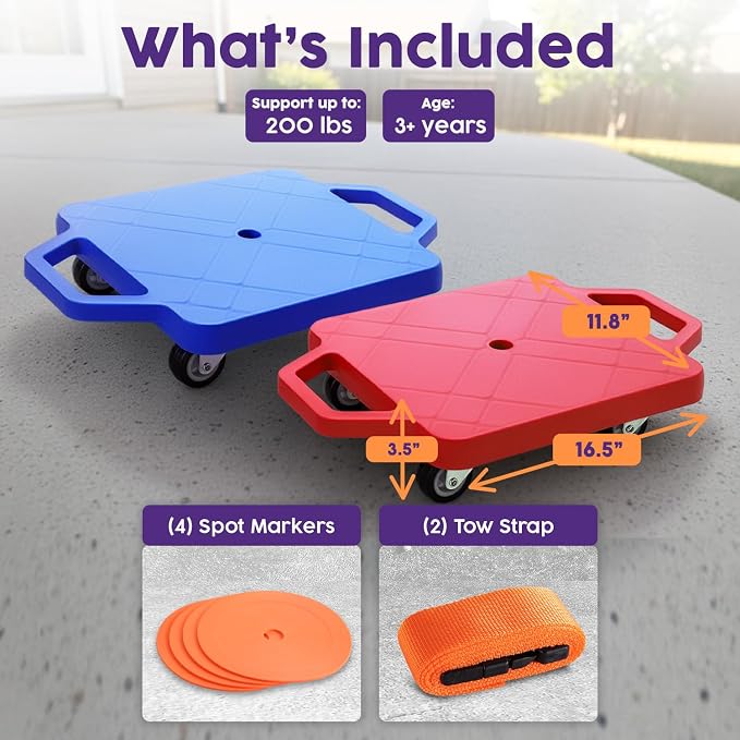 Hurtle Scooter Boards for Kids with Safety Handles, 2-Pack Heavy Duty Gym Floor Scooters with 360° Wheels for PE, Indoor Active & Sensory Play, Support 200 lbs, Includes Cones & Tow Strap, Blue & Red