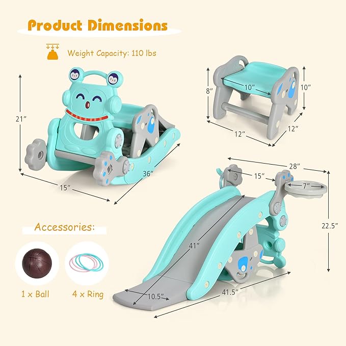 Costzon 5 in 1 Toddler Slide Rocking Toy, Slide for Kids with Detachable Stool, Basketball Hoop and Ring Game, Foldable Climber Playground Slide for Both Indoors Outdoor Use (Blue Penguin)