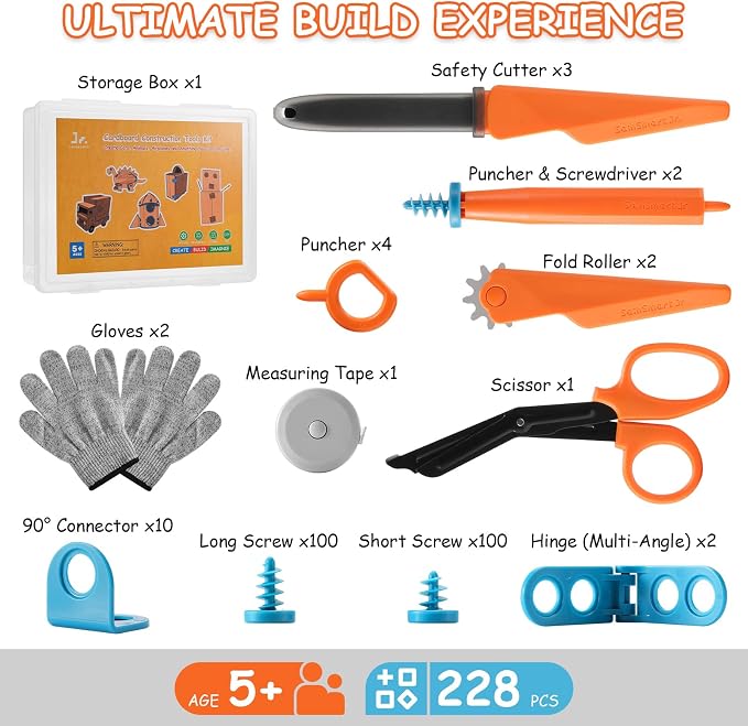 SainSmart Jr. 228 PCS Cardboard Construction Kit, Cardboard Tools for Kids STEM Projects, Classroom & Family DIY Activities | Reusable Cutting Tools with Safe Cutter, Tool Box & Tape Measure