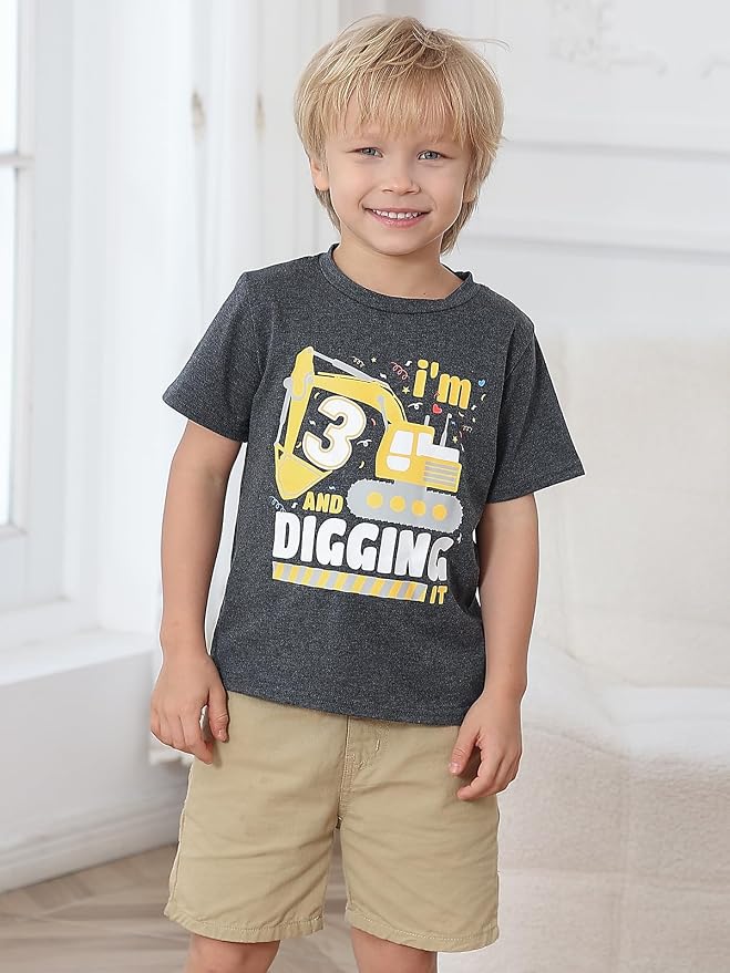 Lovekider 2-5 Years Birthday Boy Shirt Construction Party T-Shirts Excavator Cotton Short Sleeve Tee Dark Grey