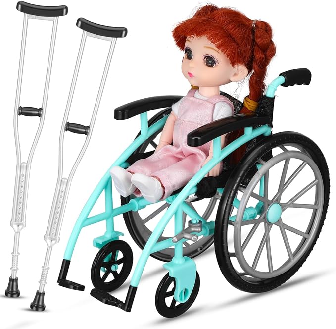 Garneck 1 Set of Green Miniature Wheelchair and Crutches Playset for Doll: Miniature Wheelchair Model for Dollhouse Furniture Accessories DIY Micro Scene Decor