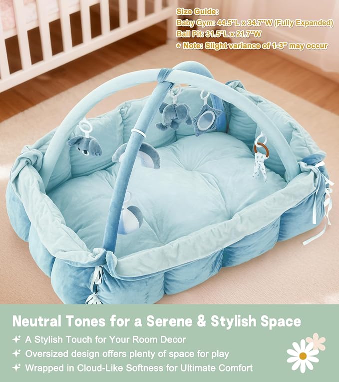 5-in-1 Baby Play Gym and Tummy Time Mat, 12 Learning Cards, Plush Activity Mat with 6 Toys, Baby Gym, Convertible to Ball Pit, Baby Gift, Blue
