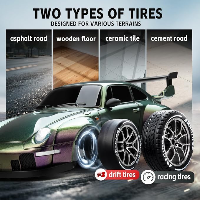 RC Drift Car, 1/24 Widebody Gradient Remote Control Drift Car for Adults Kids, 20KM/H 4WD Low/High Speed RC Cars with LED Lights, Extra Racing Tires, Vehicle for Beginners Indoors Outdoors