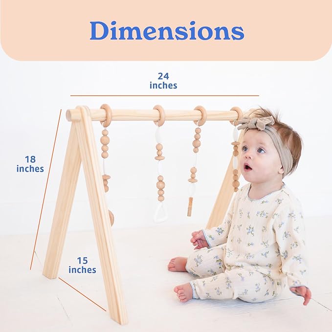 Poppyseed Play Wooden Baby Play Gym | Montessori-Inspired Activity Center with 4 Hanging Toys | Natural Wood & Silicone | Ideal for Tummy Time, Sensory Play & Motor Skill Growth | 0-12 Months