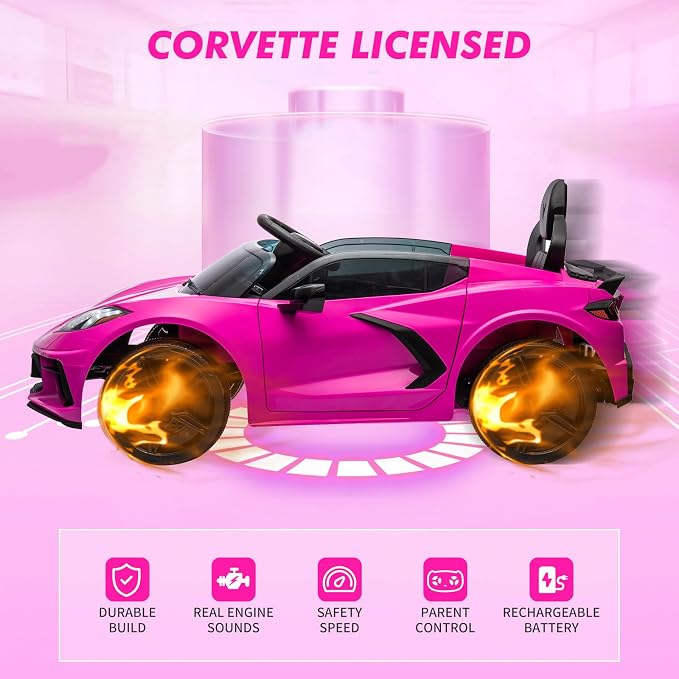 Garvee 12V Kids Ride on Car Licensed Corvette Toddlers Electric Sports Car Ride on Toy with Remote Control, Visual Dashboard, LED Lights, Music for Boys & Girls, Rose Red