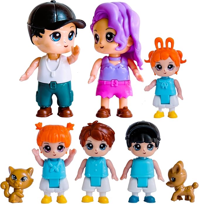 FUNERICA Dollhouse Family Figures & Pets – Poseable Family Dolls Playset – Miniature Dollhouse People for Doll House Accessories - Compatible with 1:12 & 1:24 Scale Wooden and Plastic Dollhouses