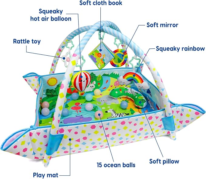 Dr.Rapeti Baby Play Gym Mat Animal Planet with Ball Pit Activity Gym Center Tummy Time Mat Thickened Mat Sensory Exploration Motor Skill Development for Newborn Infant Baby Toddler for 0+
