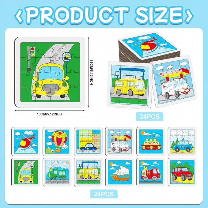 Cinrobiye 24 Pcs Transportation Coloring Puzzle Craft Kit for Kids, DIY Traffic Vehicle Jigsaw Puzzles Bulk with 12 Designs, Construction Truck Birthday Party Favors, Classroom Art Activities