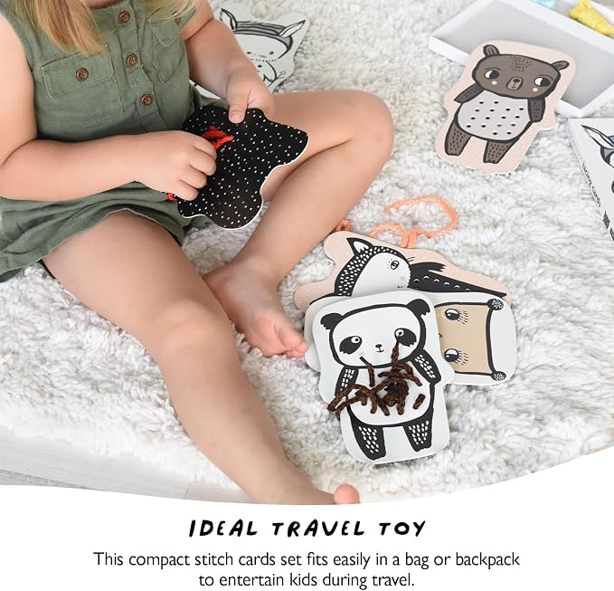 Wee Gallery Baby Animals Lacing Cards, Sewing Board and Travel Game for Toddlers and Preschoolers, Fine Motor Skills Toy, Montessori-Inspired Educational Kids Craft Activity for Ages 3+