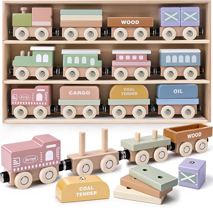 Wooden Train Set for Toddlers, 12PCS Montessori Magnetic Train Cars with Storage Gift Box, Compatible with Major Brands, Wooden Baby Stacking Blocks Toy, Birthday Gift for Boys Girls Ages 1-3 3-5+