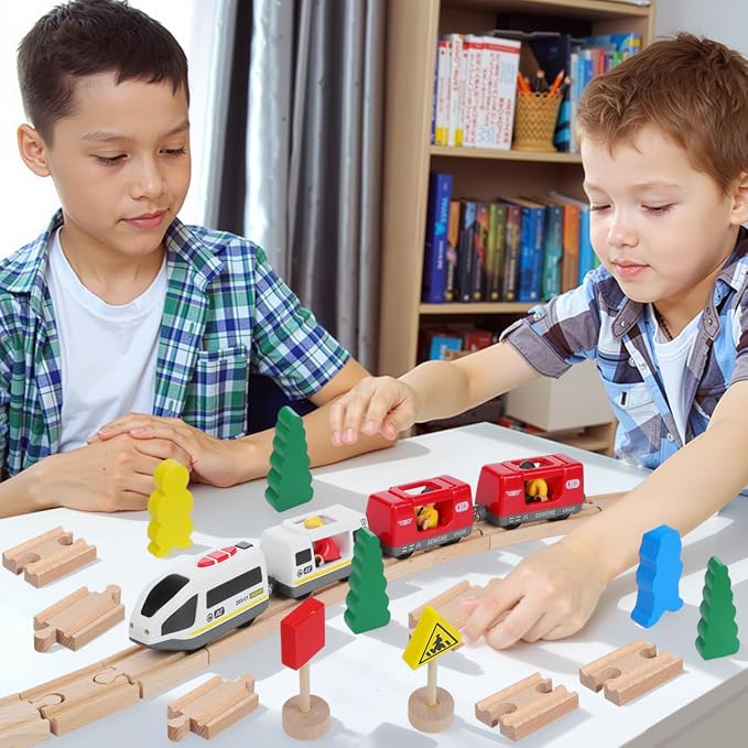 SEWACC 18Pcs Wooden Train Track Accessories Set Compatible with Major Toy Train Brands Includes Straight and Curved Tracks for Kids Ages 3 Enhances Creativity and Motor Skills